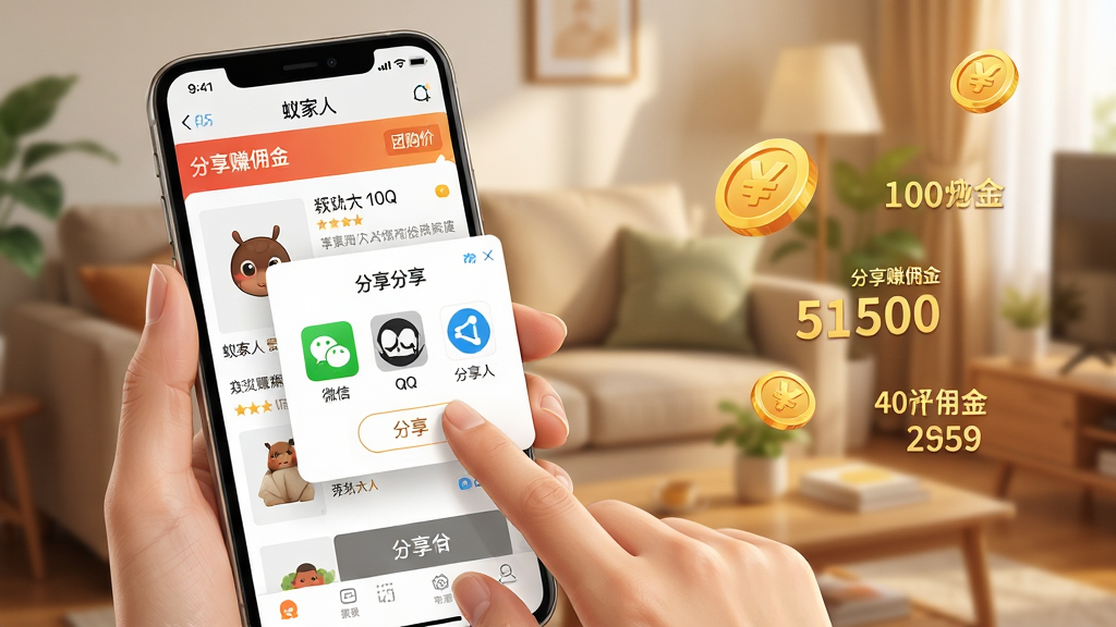 一幅表现蚁家人社群分享功能的AI生图,画面主体为两只手在手机屏幕上点击分享按钮,屏幕中显示“蚁家人”应用内的商品详情页与分享弹窗,弹窗内列出微信、QQ等分享渠道图标,背景为温馨的家庭客厅场景,布局采用近景特写,手机屏幕占据画面中心偏左位置,右侧留白处漂浮着金币与佣金数字小元素,风格为写实与轻插画结合,细节上手机界面有“分享赚佣金”“团购价”等文字标签,画质细腻,干净,无多余元素。