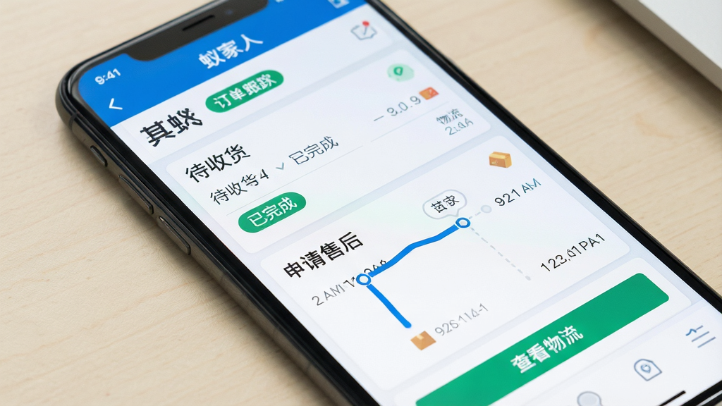 一幅展示蚁家人订单管理界面的场景图,画面主体为一部手机屏幕特写,屏幕中显示“蚁家人”订单列表与物流跟踪页面,包含待收货、已完成等状态标签与快递轨迹时间轴,布局采用手机屏幕满版构图,背景为浅色桌面,风格为写实UI展示,细节上屏幕内有“申请售后”“查看物流”等按钮文字,画质清晰,干净,无多余元素。