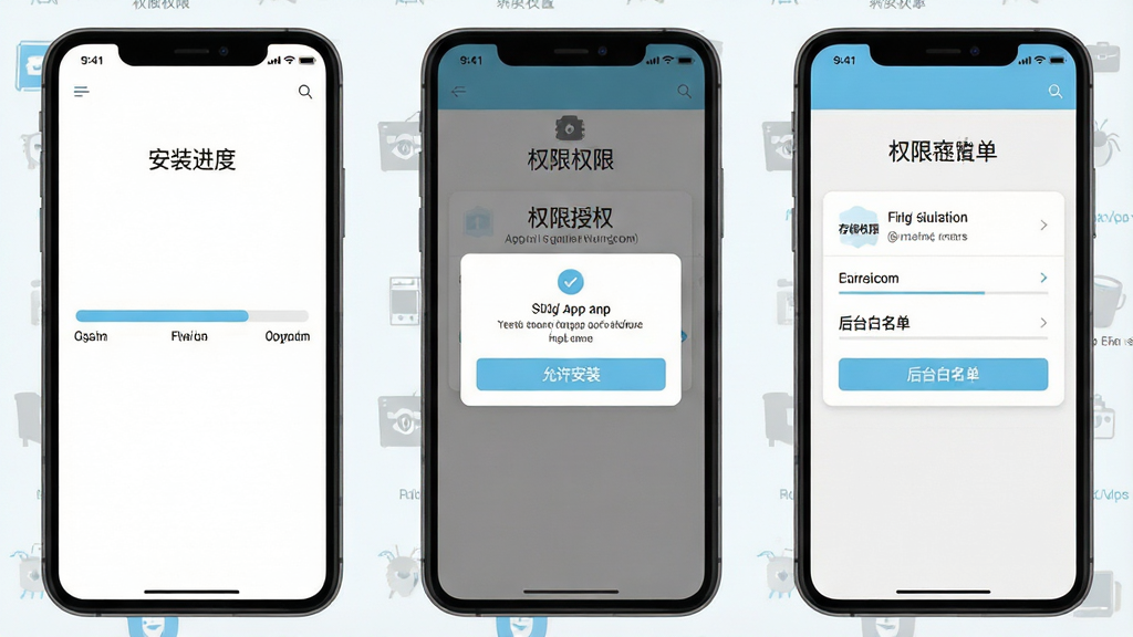 一幅展示蚁家人App安装与权限设置的手机界面示意图,画面主体为三部并排的手机屏幕,分别展示安装进度条、权限授权弹窗与后台白名单设置页面,布局采用横向三等分排版,风格为扁平化UI示意图,色彩以白色、浅蓝与灰色为主,细节上各屏幕配有“允许安装”“存储权限”“后台白名单”等文字标签,画质清晰,干净,无多余元素。