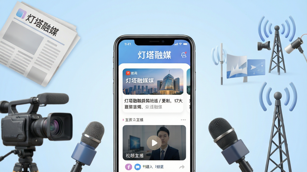 画面中央放置一部智能手机,手机屏幕显示“灯塔融媒”APP首页界面,顶部有“灯塔融媒”字样,页面包含新闻资讯卡片和视频直播入口,手机周围环绕着报纸、摄像机、麦克风、信号发射塔等融媒体元素,背景为浅蓝色渐变,布局居中对称,风格简洁现代商务,细节包括图标圆角、字体清晰、色彩柔和,画质高清,干净,无多余元素