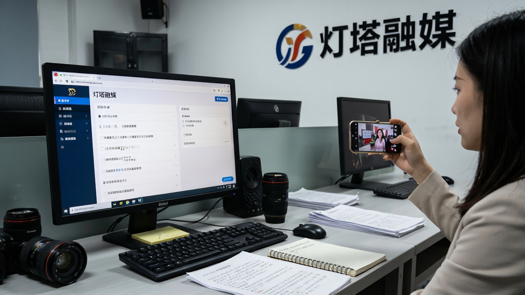 画面主体为一台新闻编辑室的工作台,桌上摆放着电脑显示器,屏幕中显示“灯塔融媒”后台发稿界面,旁边有记者正在用手机拍摄现场画面,背景墙上挂有“灯塔融媒”标志,布局采用左中右三分法,风格为写实新闻纪实,细节包括键盘、笔记本、相机镜头、稿件纸张,画质高清,干净,无多余元素