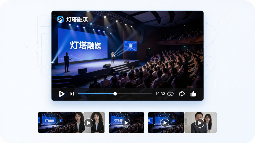 画面中心是一个悬浮的视频播放窗口,窗口内显示“灯塔融媒”直播画面,画面中有舞台和观众,窗口下方排列着多个视频缩略图,整体布局为上下结构,风格为科技感扁平化设计,细节包括播放按钮、时间轴、清晰度切换图标、点赞图标,画质高清,干净,无多余元素