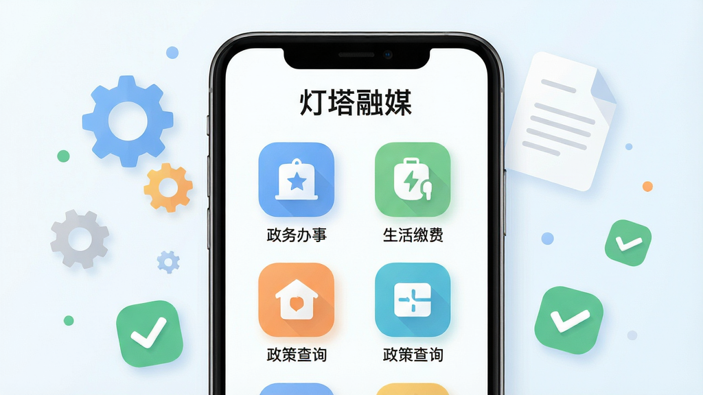 画面为一部手机屏幕特写,屏幕中展示“灯塔融媒”便民服务页面,页面内有多个服务图标如政务办事、生活缴费、政策查询等,手机周围漂浮着齿轮、文档、勾选标记等元素,布局为居中特写,风格为清新浅色扁平化,细节包括圆角图标、柔和阴影、清晰文字,画质高清,干净,无多余元素