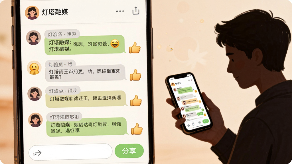 画面展示一个手机聊天互动界面,界面中有“灯塔融媒”用户评论区,包含多条评论气泡和点赞手势,旁边有一个人物剪影手持手机,布局为左右结构,风格为温暖社交风,细节包括头像、对话气泡、表情符号、分享按钮,画质高清,干净,无多余元素