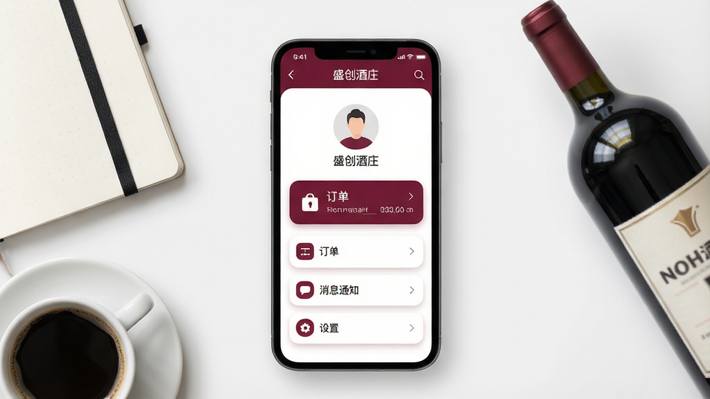 一幅移动端个人中心界面展示图,主体为“盛创酒庄”应用个人中心页面,画面中央为手机屏幕,屏幕内展示头像、订单入口、消息通知与设置选项;布局采用居中构图,手机旁边放置笔记本、咖啡杯与酒瓶;排版清晰,突出个人中心功能模块;风格为清新简约商务风;细节包括浅色背景、酒红色图标、圆角卡片、柔和阴影;画质高清,画面干净,无多余元素