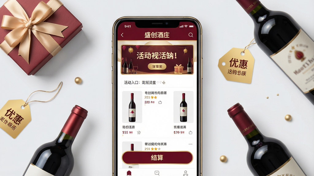 一幅线上选酒场景图,主体为“盛创酒庄”应用活动页面与购物车界面组合展示,画面中央为手机屏幕,屏幕内显示酒款列表、活动横幅与结算按钮;布局采用中心聚焦式构图,手机周围点缀礼盒、酒瓶与优惠标签;排版突出活动入口与选购流程;风格为现代电商与品质生活结合;细节包括酒红色按钮、金色边框、浅灰背景、干净留白;画质高清,画面干净,无多余元素