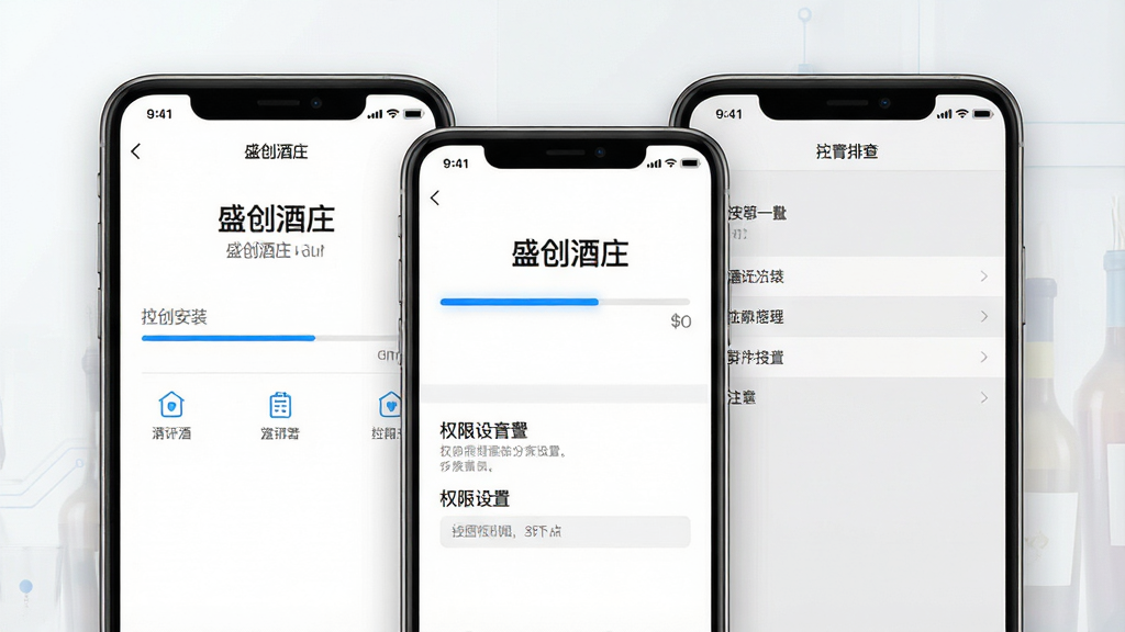 一幅手机应用安装与问题排查场景图,主体为“盛创酒庄”安装界面与手机设置页面组合,画面中央为手机屏幕,屏幕内展示安装进度条与权限设置选项;布局采用左右分屏式构图,左侧为安装界面,右侧为设置页面;排版突出安装步骤与注意事项;风格为科技简约风;细节包括蓝色进度条、灰色设置项、干净背景、柔和光影;画质高清,画面干净,无多余元素