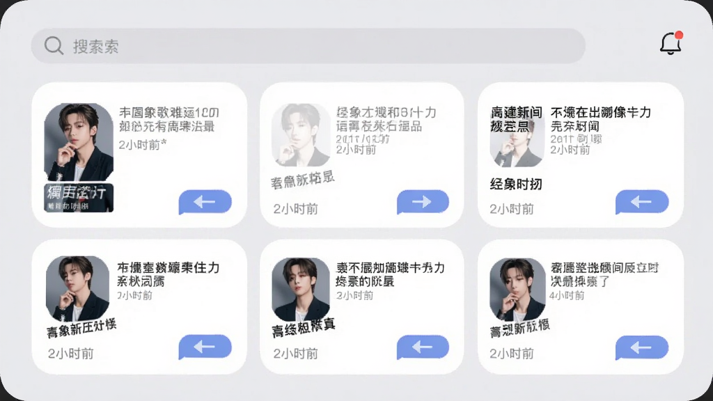 歌迷圈子APP的偶像动态推送页面,手机屏幕显示多条资讯卡片,包含歌手照片、新闻标题、发布时间和互动按钮,背景为浅灰色,卡片采用圆角设计,顶部有搜索栏和消息通知图标,整体排版清晰易读,风格简约时尚,画质高清,无多余装饰
