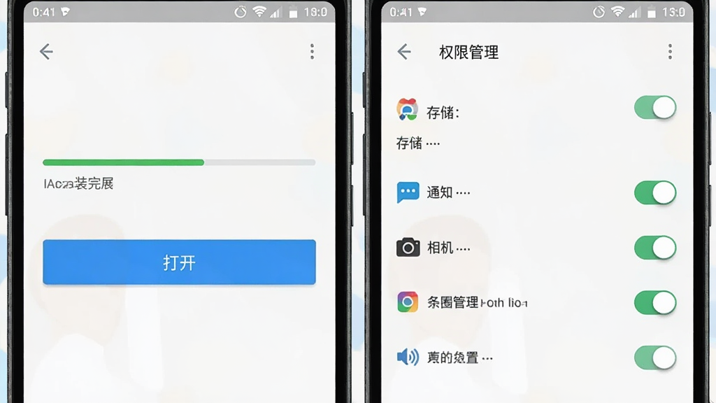 歌迷圈子APP在安卓手机上的安装完成界面与权限设置页面拼图,左侧显示安装进度条和“打开”按钮,右侧显示权限管理列表,包括存储、通知、相机等开关,背景为浅色,风格简洁实用,细节包括手机边框和状态栏,画质清晰,干净无杂乱
