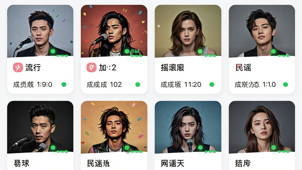 歌迷圈子APP内多个粉丝圈子并列展示的界面截图,画面中有不同歌手头像和圈子名称标签,如流行、摇滚、民谣等分类,每个圈子卡片显示成员数和最新动态,布局采用网格排列,风格活泼明亮,细节包括彩色标签和在线人数小绿点,画质清晰,干净无杂乱元素