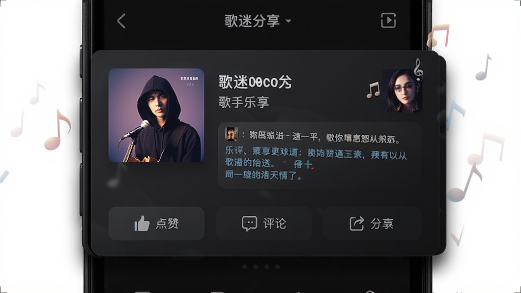 歌迷圈子APP音乐分享页面,手机屏幕显示一首歌曲的分享卡片,包含专辑封面、歌曲名、歌手名和一段用户乐评,下方有点赞、评论和转发按钮,背景是深色模式,卡片有轻微阴影,风格沉稳有质感,细节包括音符飘动效果,画质高清,无杂乱元素