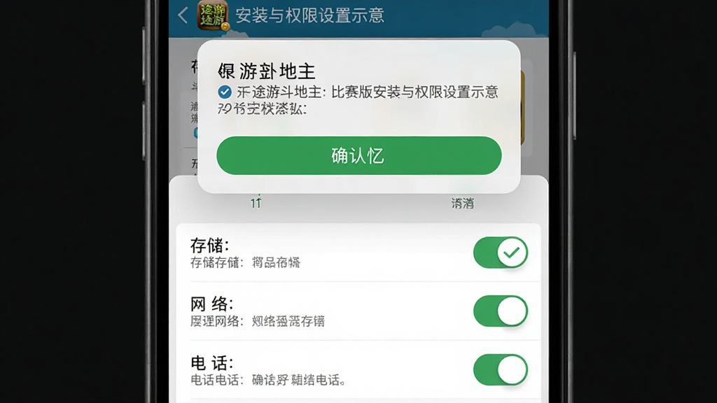 ����Ϊ;�ζ������������棩��װ��Ȩ������ʾ����棬����Ϊ�ֻ���Ļ��ͼ����Ϸ���ʾȨ�����󵯴����·��г��洢�����硢�绰����Ȩ�޿��أ��Ű������ˣ����Ϊϵͳ���ý���дʵ�磬ϸ�ڰ�����ѡ״̬��ȷ�ϰ�ť����ʾ���֣���������������ɾ����޶���Ԫ��