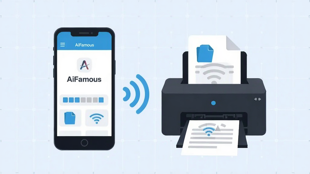һ��չʾ�����ֻ������ߴ�ӡ��ͨ��WiFi�ź����ӵı�ƽ���廭�������������ֻ���Ļ��ʾ��AiFamous��Ӧ�ý��棬�Ա���һ̨���ڳ�ֽ�Ĵ�ӡ��������Ϊ����ɫ�Ƽ������񣬷����������ϸ�ڰ�����ӡֽ�š�WiFiͼ�ꡢ�ĵ�ͼ�꣬�����������ɾ��޶���Ԫ��
