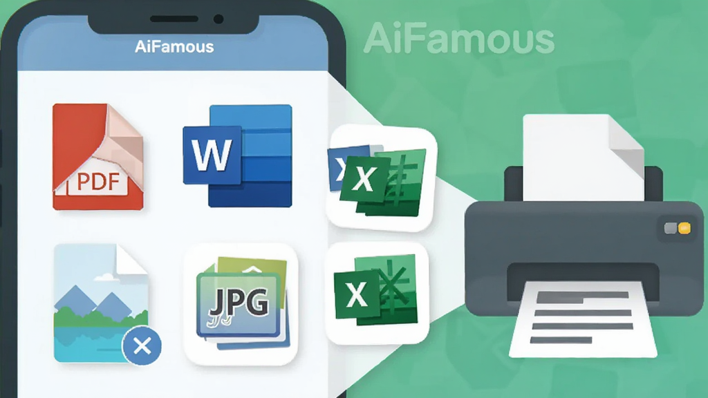 һ��չʾ�ֻ���Ļ�ж����ļ���ʽͼ�꣨PDF��Word��Excel��JPG�����в���۵���ӡ��ͼ���ʾ��ͼ����Ļ�Ϸ��С�AiFamous�����������Ϊ��ƽ����ƣ�ɫ�����죬ϸ�ڰ����ļ�����ͼ����ӡ��ť������������������Ԫ��