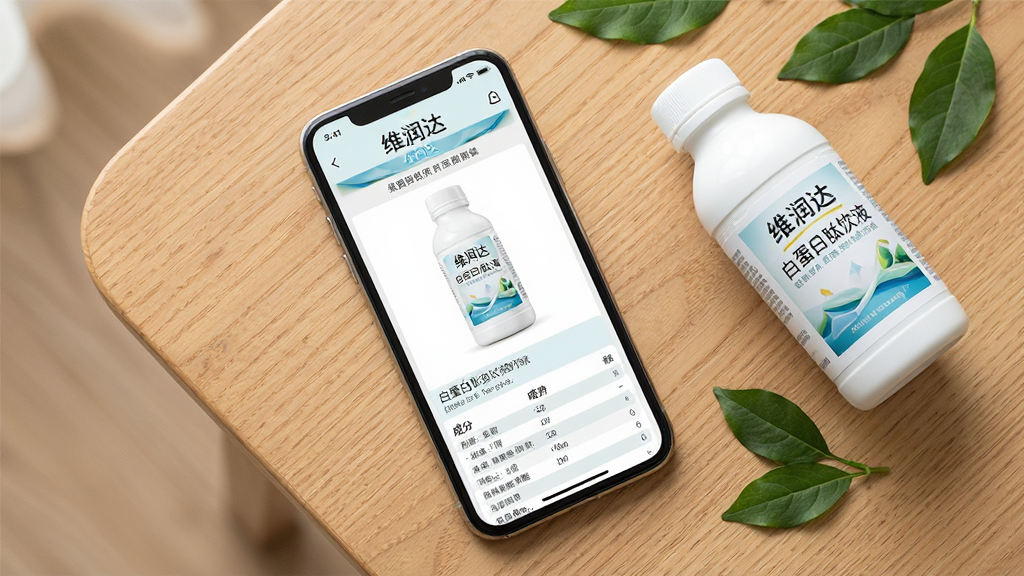 һ���ֻ�ƽ����ľ�������ϣ���Ļ��ʾ��ά����Ʒ����ҳ��ҳ�����а׵�������Һ��ƿ��ͼƬ�ͳɷ��б����ֻ��Ա߷���һƿ��ɫ��Һ�ͼ�Ƭ��Ҷ������Ϊ���ӽǶȣ�������У����Ϊ������Ȼ�Ĳ�Ʒչʾ�磻ϸ�ڰ�����͵���Ȼ�⡢������ƿ����ǩ���֡�ά�����ɾ������汳�������ʸ��壬�ɾ����޶���Ԫ�ء�