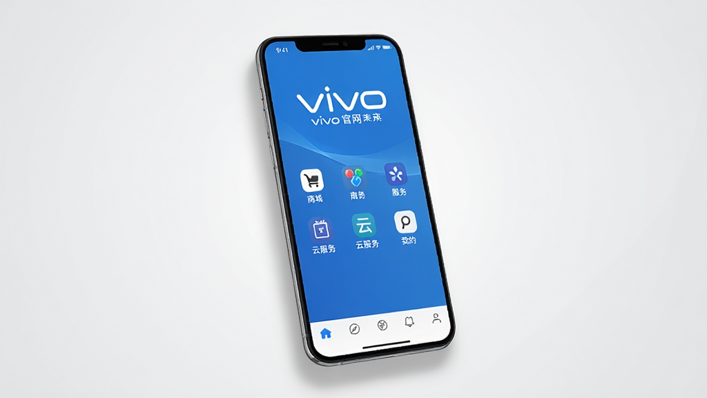 һ��չʾvivo����APP��������ֻ���Ļ��Ⱦͼ������������vivoƷ�Ʊ�־�Ե���ɫ��Ӧ�ý��棬������ʾvivo�����������в��������̳ǡ������Ʒ����ҵĵȹ���ͼ�꣬�ײ��е�����������Ϊ�ɾ���ǳ��ɫ���䣬�ֻ���Χ����΢��������ӰЧ�������������ִ��������������ɾ��޶���Ԫ��