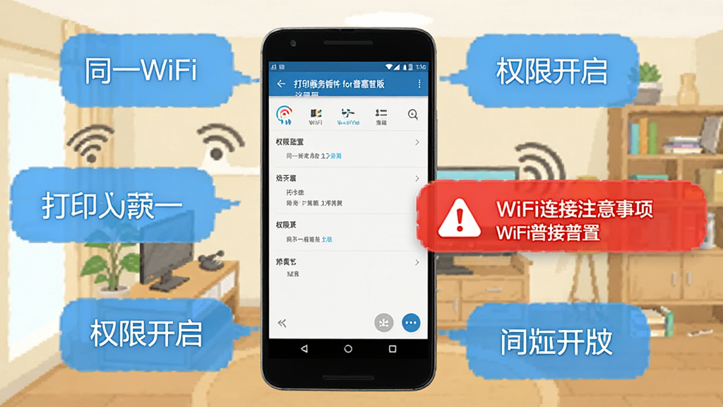 һ����׿�ֻ���Ļ��ʾ��ӡ������for�ջ��հ����ý��棬�Ա��к�ɫ��ʾͼ���עWiFi����ע����������Ǽ�ͥ���绷��ʾ��ͼ������Ϊ�ֻ�������Χ������ʾ���ݣ������Ϣͼ��ʽ��ϸ�����������ְ�����ͬһWiFi����Ȩ�޿������ȹؼ��ʣ����������ɾ��޶���Ԫ��