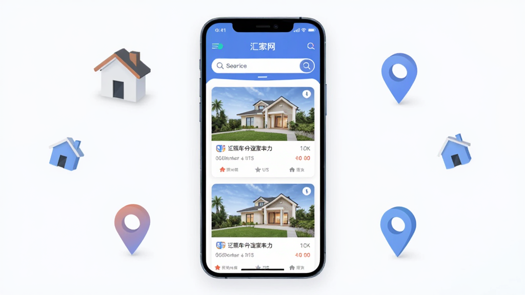 ����Ϊһ�������ֻ�չʾ�����Ӧ�ý��棬����Ϊ���з����ֻ�����Ļ����ʾ��Դ�б���Ƭ�����������Ű��࣬���Ϊ�ִ���ƽ���Ƽ��У�ϸ�ڰ����ֻ���Χɢ�䷿��ͼ��Ͷ�λ��ʶ�������������ɾ����޶���Ԫ��