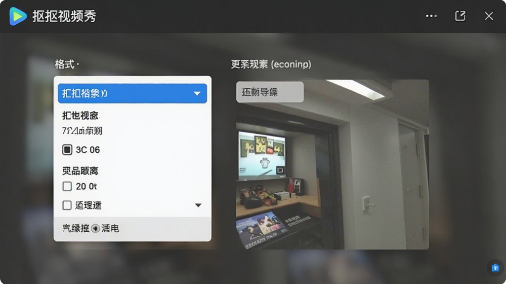一张展示抠抠视频秀视频导出界面的图片,画面中显示格式选择下拉菜单和分辨率选项,界面简洁直观,风格清爽,画质清晰无杂乱元素