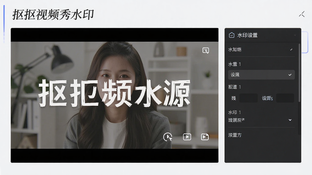 一张展示抠抠视频秀水印添加功能的图片,画面中视频预览区域显示带有文字水印的画面,旁边有水印设置参数面板,风格简洁专业,画质干净清晰