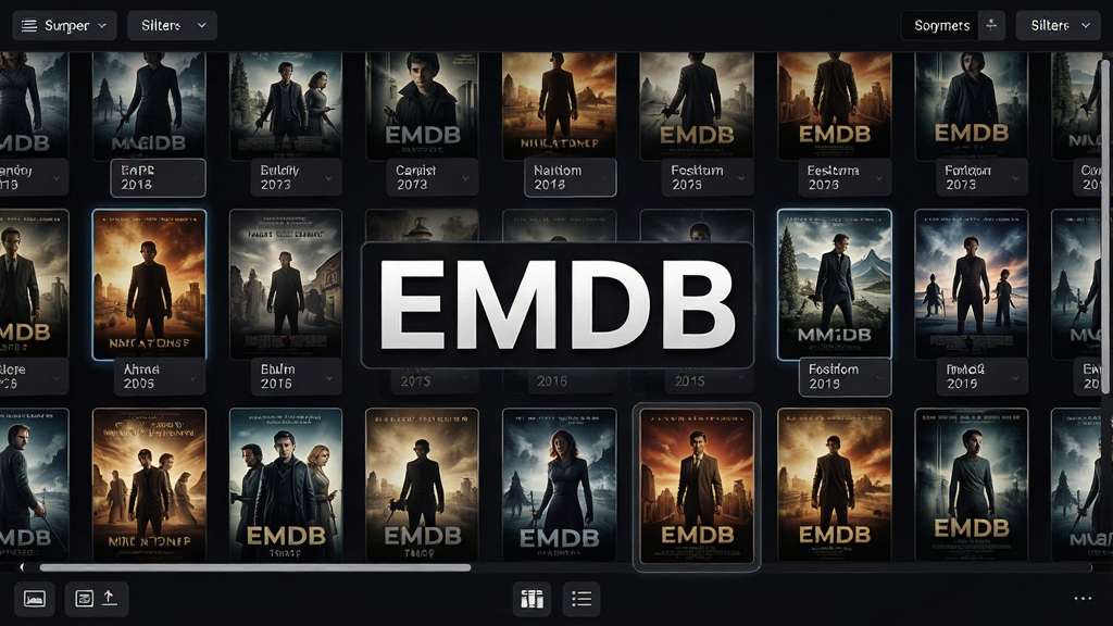 EMDB����ǽ���ģʽ���棬��������ʾһ���ɵ�Ӱ������ɵ�����ǽ��ÿ�ź����·���ӰƬ�������ݣ������������ɸѡ��ť���ײ�����ͼ�л�ͼ�꣬��������ͻ����ʾ�������ơ�EMDB��������Ϊȫ�����񣬷��Ϊ��ɫ����ӰԺ�磬ϸ�ڰ�����������Ч������ͣ�����߿򡢹����������ʸ��壬�ɾ����޶���Ԫ��