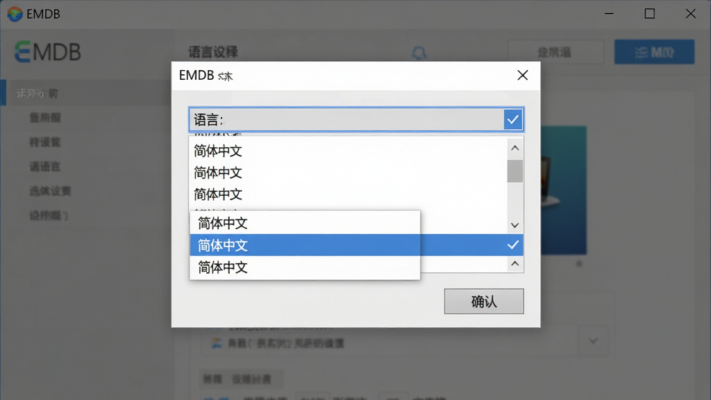 EMDB���������ý��棬������չʾ����ѡ�������˵����˵��пɼ����������ġ�ѡ�����ѡ�У�����Ϊ��������ҳ�棬ҳ�涥�����������ơ�EMDB��������Ϊ���е���ʽ�����Ϊ��ˬ���߷磬ϸ�ڰ��������б���ѡ��״̬��ѡ��ȷ�ϰ�ť�����ʸ��壬�ɾ����޶���Ԫ��