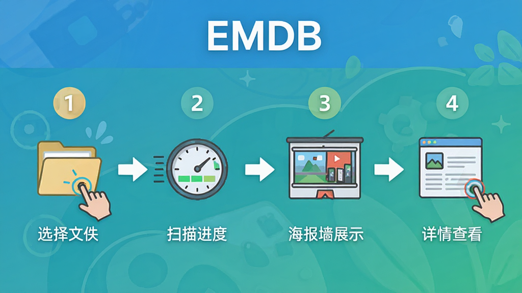 EMDB���ֲ�������ʾ��ͼ�������Ϊ�ĸ����裬��һ��ѡ���ļ��У��ڶ���ɨ����ȣ�����������ǽչʾ�����Ĳ�����鿴��ÿ���������м��ͼ��ͼ������˵�������涥�����������ơ�EMDB��������Ϊ��������ͼ�����Ϊ���½̷̳磬ϸ�ڰ���������š���ͷָ������������ͼ�꣬���ʸ��壬�ɾ����޶���Ԫ��