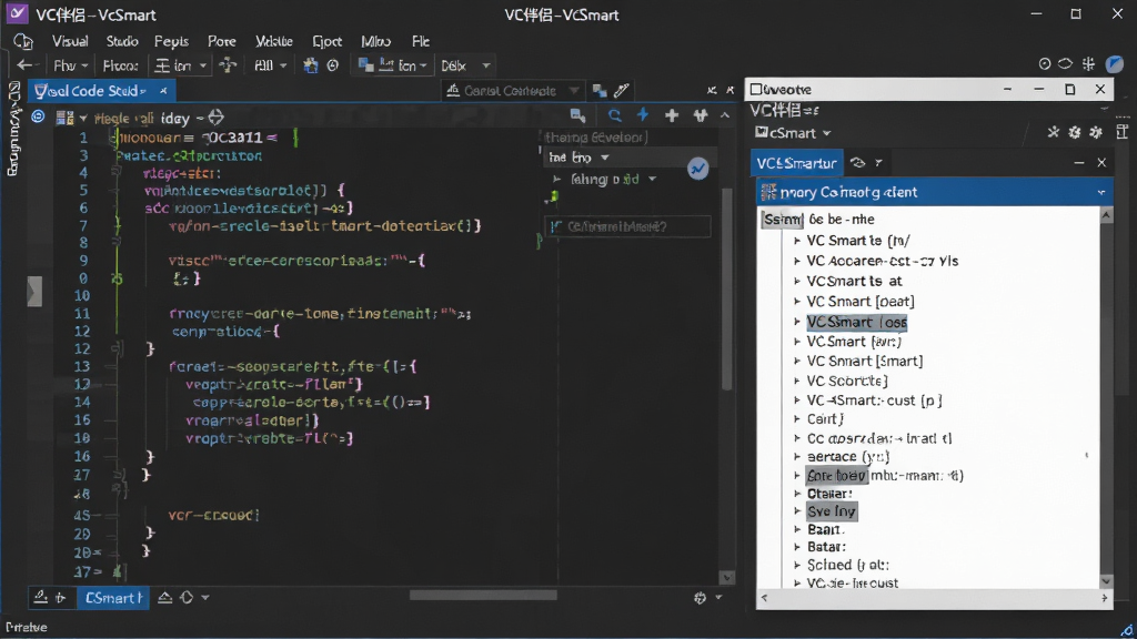 һ��չʾVC����--VcSmart���������ͼƬ������Ϊ�򿪵�Visual Studio��̴��ڣ�����Ǵ���༭�����Ҳ�������VC���µ����ܴ��벹ȫ������壬���沼��������������ɫ������ϸ�����ܿ���C++����ͺ�����ʾ�б�����������������ɾ����޶���Ԫ��