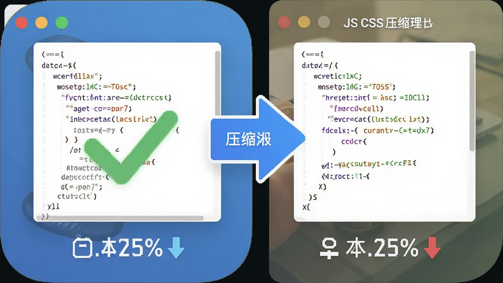 һ��AI��ͼ������ΪJS CSSѹ�����ߵ�����ͼ����ѹ��ǰ�����Ա�ʾ�⣬����Ϊ���������������չʾԭʼ���룬�м���ѹ����ͷ���Ҳ���ѹ����ľ�����룬���Ϊ��ƽ���Ƽ��磬ϸ�ڰ�����ɫ�Թ�������½��ٷֱ����֣����������ɾ����޶���Ԫ��
