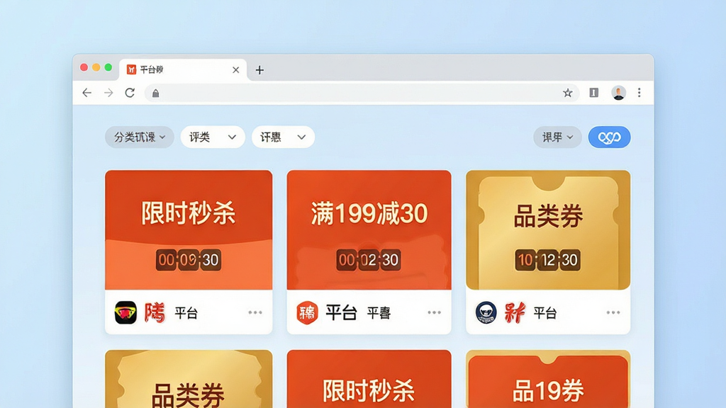 ��ƽ̨�Żݾۺ����չʾͼ��������������������±�ǩҳ��ҳ�������������Ŷ������ƽ̨���Żݿ�Ƭ����Ƭ��ӡ�С���ʱ��ɱ������199��30����Ʒ��ȯ������������Ƭ��ɫ�ԳȺ�ͽ�ɫΪ���������ǵ���ɫ���䣬����ƽ����ƣ�ϸ�ڰ�������ɸѡ��ť��ƽ̨logoСͼ�ꡢ����ʱ���֣����������ɾ����޶���Ԫ��