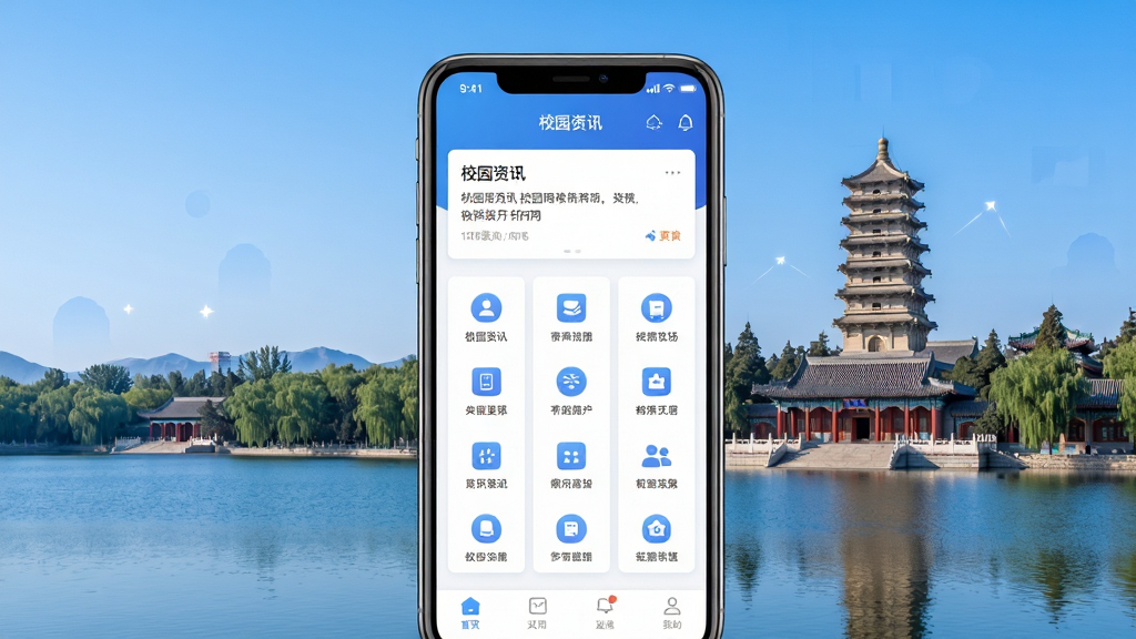 ������ѧ�ƶ���Ӧ����������У԰�羰�ںϵ�չʾͼ����������Ϊ�ֻ���Ļ��ʾAPP��ҳ���֣�����У԰��Ѷ��Ƭ�͹���ͼ�����񣬱���Ϊ������ѧδ�����벩������дʵ�羰���������������������ɫ��������Ϊ���������ֹ�ͼ���Ű�����������Ϊ�ִ���ƽ��UI��ƣ�ϸ����ͻ��ͼ�꾫�¸кͽ����θУ����ʸ���ɾ����޶���Ԫ��