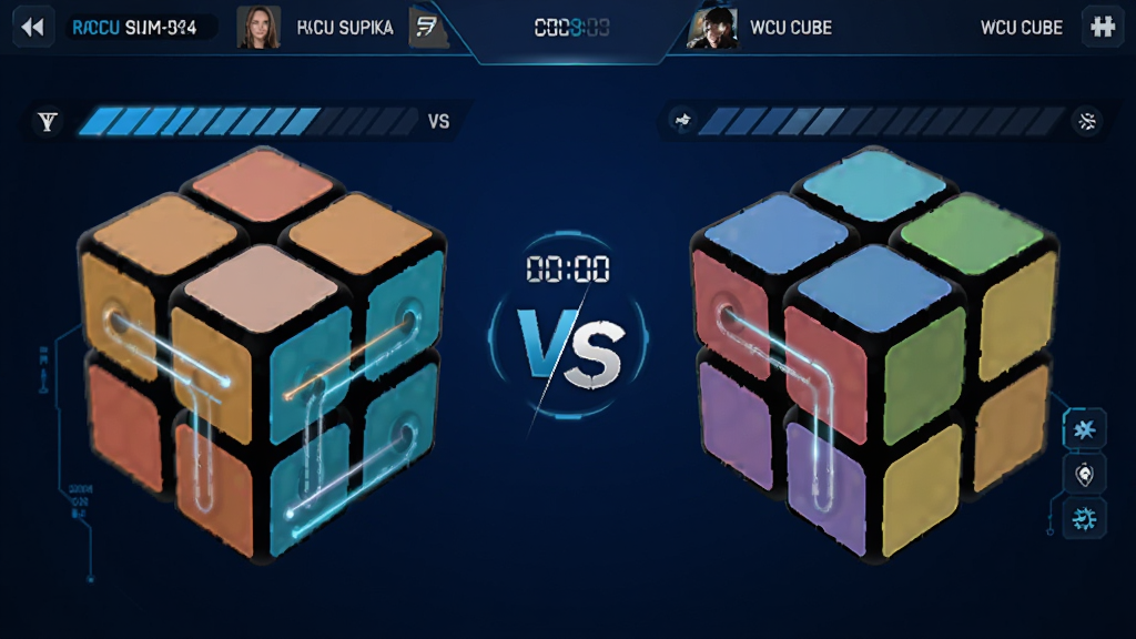 WCU CUBE���˶�ս�����ͼ��񣬻���ֳ���������ħ�����������м���ʾ����ʱ��VS��־������Ϊ�������䣬�����з����������ǳƣ����Ϊ�羺�Ƽ��У�ϸ�ڰ������������й�Ч�϶��ۼ������ʸ��壬�ɾ��޶���Ԫ��