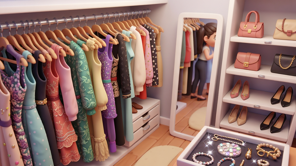 ��������Ϊ������Ŀ����ñ�䳡�����������Ϊ������ʽȹװ���¼ܡ��Ҳ�Ϊ�ڷ�Ь�����ε�չʾ���Ű���ø���΢��б�ӽǣ����Ϊ���������Ŀ�ͨдʵ�磬ϸ�ڰ�����ͬ��ɫ����ʵķ�װ�������������������̡����¾�����Լӳ���Ľ�ɫ��Ӱ������Ҫ�����ɾ��������в������κ����������Ԫ�ء�