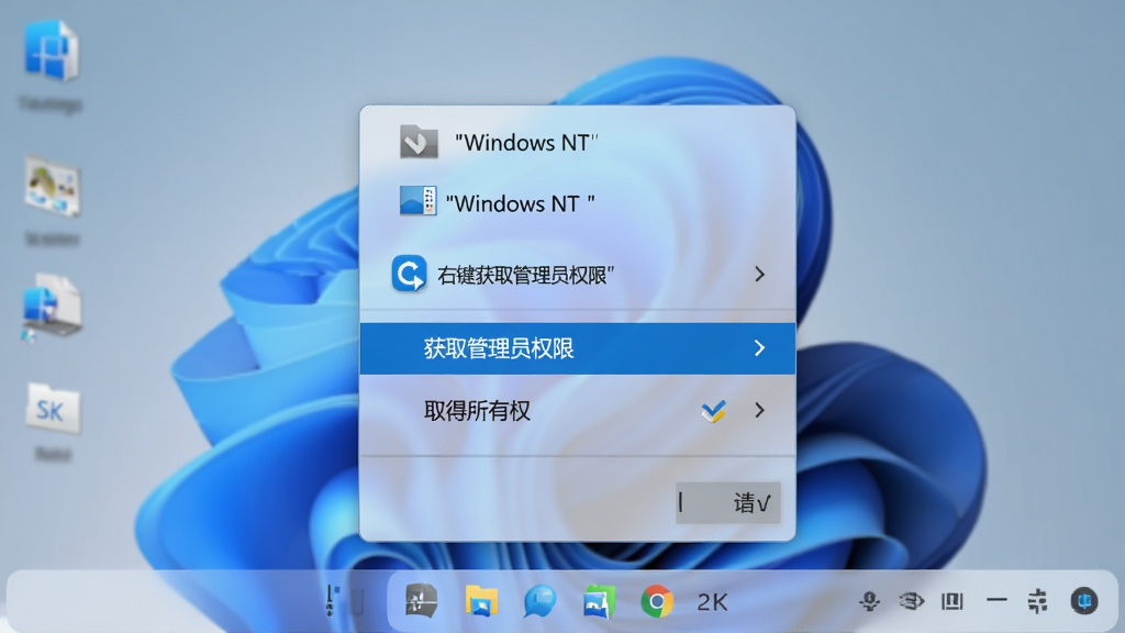 Windows NT 右键获取管理员权限软件界面截图,画面主体为Windows 11桌面系统右键菜单展开状态,菜单中清晰显示“获取管理员权限”和“取得所有权”两个选项,布局采用居中构图,排版简洁直观,风格为现代扁平化科技风,细节包含半透明毛玻璃菜单背景、蓝色高亮选项、文件图标与系统托盘图标,画质为2K高清,干净无多余元素,画面中文字使用引号标注“Windows NT 右键获取管理员权限”