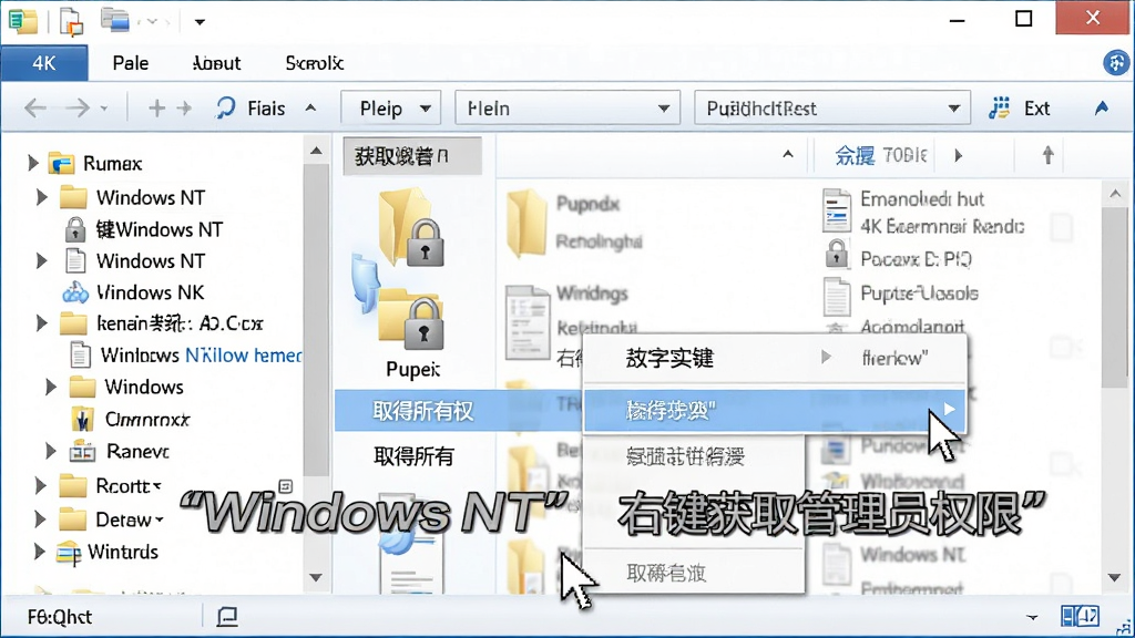 一款Windows系统工具的功能展示图,画面主体为文件资源管理器窗口,布局采用左右分栏,左侧为文件夹树形目录,右侧为文件列表,排版突出右键菜单中的“取得所有权”选项被高亮选中,风格为写实软件界面风格,细节包含文件夹图标、权限锁图标、蓝色高亮条、鼠标指针悬停效果,画质为4K超清,干净无多余元素,画面中文字使用引号标注“Windows NT 右键获取管理员权限”