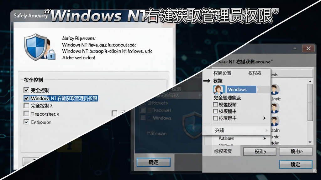 Windows NT 右键获取管理员权限功能示意图,画面主体为Windows安全属性对话框与右键菜单并列展示,布局采用对角线构图,排版突出权限设置面板中的“完全控制”复选框被勾选,风格为深色科技风格,细节包含盾牌安全图标、用户账户头像、权限列表、确定按钮,画质为高清,干净无多余元素,画面中文字使用引号标注“Windows NT 右键获取管理员权限”