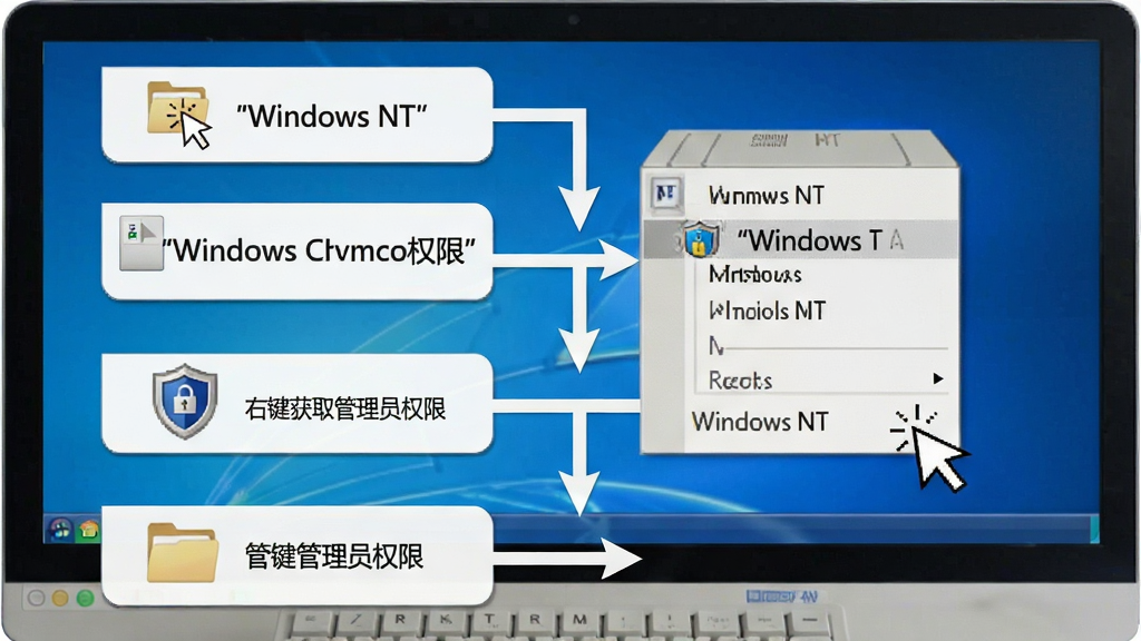 Windows NT 右键获取管理员权限操作流程图,画面主体为电脑屏幕展示右键菜单操作步骤,布局采用从上到下的流程图形式,排版包含四个步骤节点,风格为简约商务风格,细节包含鼠标点击图标、权限盾牌图标、文件夹图标、箭头连接线,画质为高清,干净无多余元素,画面中文字使用引号标注“Windows NT 右键获取管理员权限”