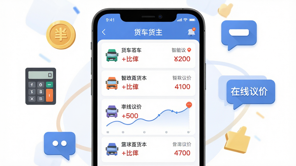 货车帮货主软件内智能比价界面,画面中央为手机屏幕显示多位司机的报价列表和价格走势图,屏幕周围环绕金币、计算器、对话框等图标,布局采用左右分栏,风格为清爽扁平化UI风格,细节上突出“比价”和“在线议价”字样,画质高清,画面干净,无多余元素