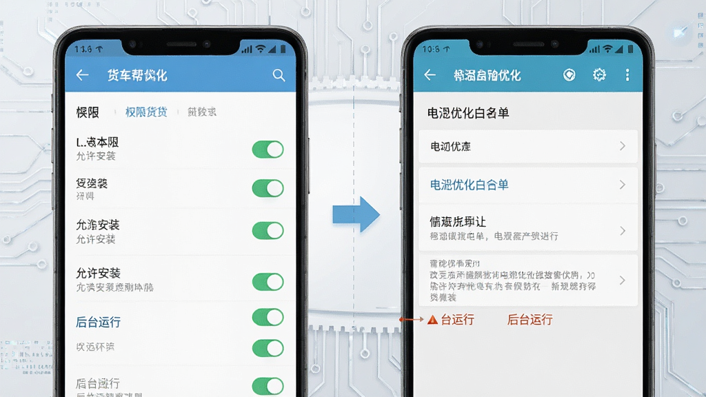 货车帮货主APP在安卓手机上的安装权限设置与后台运行优化示意图,画面主体为手机设置界面截图风格,左侧显示权限开关列表,右侧显示电池优化白名单设置,背景为浅灰色科技纹理,布局为左右对比,风格为教程图解风,细节上突出“允许安装”和“后台运行”字样,画质清晰,画面干净,无多余元素