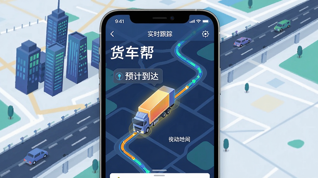货车帮货主APP实时车辆跟踪功能展示,画面主体为手机屏幕上的地图界面,地图中有一辆高亮显示的货车图标正在沿着规划路线行驶,旁边标注预计到达时间和当前位置,背景为城市与高速公路的抽象地图纹理,风格为科技感地图插画风,细节上突出“实时跟踪”和路线轨迹,画质清晰,画面干净,无多余元素