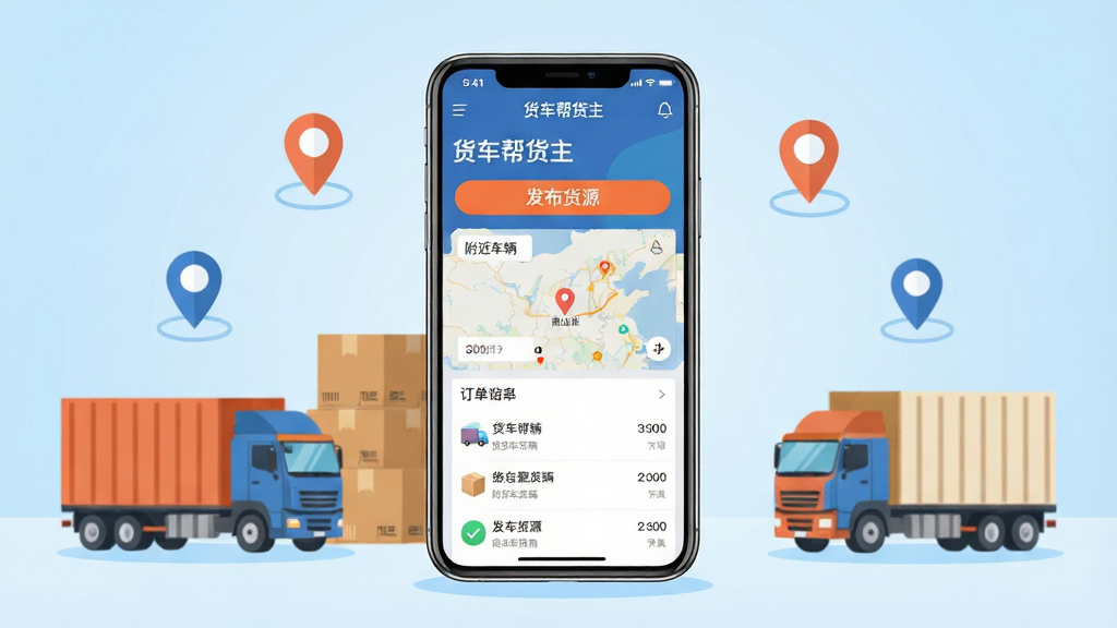 货车帮货主软件主界面全貌展示,画面中央放置一部智能手机,手机屏幕上显示货车帮货主APP的首页界面,包含货源发布按钮、附近车辆地图、订单列表等功能模块,背景为干净的浅蓝色渐变,周围环绕货运卡车、纸箱货物、定位图标等元素,整体布局采用居中构图,风格为扁平化科技插画风,细节上突出手机界面内的文字“货车帮货主”和“发布货源”,画质高清,画面干净,无多余元素