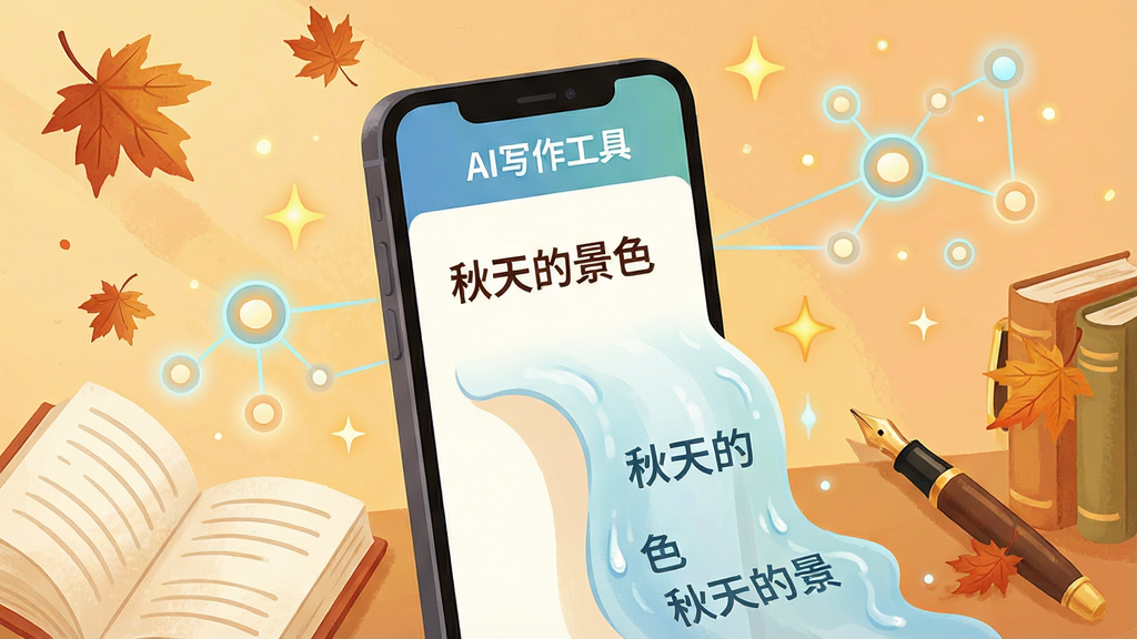 һ��չʾAIд�����ߺ��Ĺ��ܵĳ���ͼ������������һ�������ֻ�����Ļ��ʾ��AIд�����ߡ���������һƪ���ڡ�����ľ�ɫ����ɢ�ģ���������ˮ�����Ļ���������Χ�������鱾���ֱʺͷ�������ݽڵ㣬���ֲ��þ��й�ͼ�����Ϊ��ů�����Ĳ廭�磬ϸ����Ʈ��ķ�Ҷ����˸��������ǣ����ʸ��壬�ɾ��޶���Ԫ��