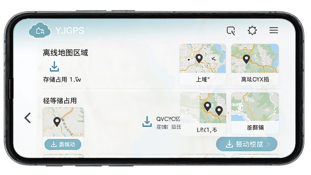 YJGPS���ߵ�ͼ�������棬�ֻ���Ļ��ʾ�����������б��͵�ͼ����ͼ���������ذ�ť�ʹ洢ռ����ʾ�����沼������������Լ�����ʸɾ�