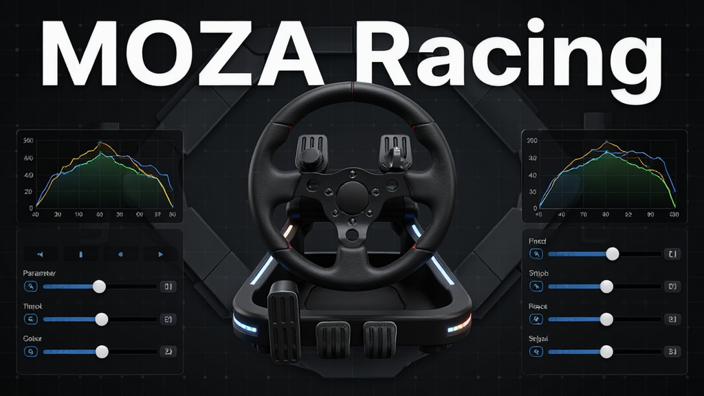 MOZA Racing���������棬����չʾһ̨��ɫֱ�������̻�����̤���豸����Χ��������������ͼ�Ͳ������ڻ��飬����Ϊ���ɫ�Ƽ������񣬻����Ϸ��ð�ɫ�����ֱ�ע��MOZA Racing�������岼�������Գƣ����дʵ�Ҹ��е羺��Χ��ϸ�ڰ�����ť������LED�ƴ�������Ϊ4K���壬�ɾ��޶���Ԫ��