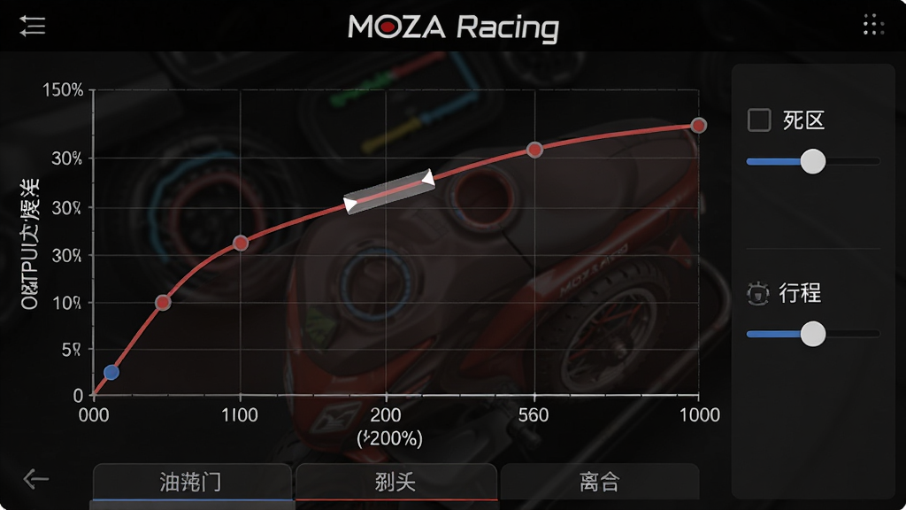 MOZA Racing̤�����߱༭���棬������ʾһ������ק��ɲ��������ߣ�����Ϊ̤���г̰ٷֱȣ�����Ϊ������Ȱٷֱȣ������·������š�ɲ�������������ǩҳ�������Ҳ����������г̻��飬����Ϊ��ɫרҵ��У��񣬻����Ϸ���ע��MOZA Racing��������������ϸ�ڰ�������������ֵ�̶ȣ�����Ϊ���壬�ɾ��޶���Ԫ��
