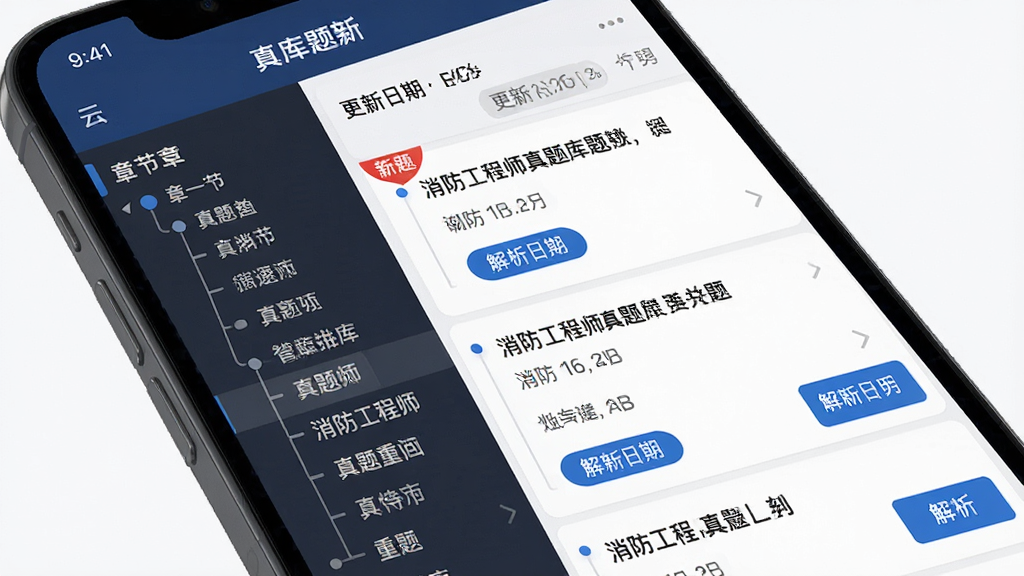 消防工程师真题库题库更新界面,主体为手机屏幕特写,布局左侧为章节树状目录,右侧为题目列表与更新日期标签,排版采用上下滚动式信息流,风格为清爽学习类应用界面,细节包含红色新题角标与蓝色解析按钮,画质高清干净无多余元素