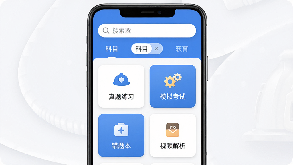 消防工程师真题库软件主界面全貌展示,主体为一部竖屏安卓手机,屏幕中央显示蓝色调题库首页,布局上方为搜索栏与科目切换标签,中部为真题练习、模拟考试、错题本、视频解析四个功能卡片,排版整齐清晰,风格为简约教育类APP界面,细节包含图标圆角与柔和阴影,画质高清干净无多余元素