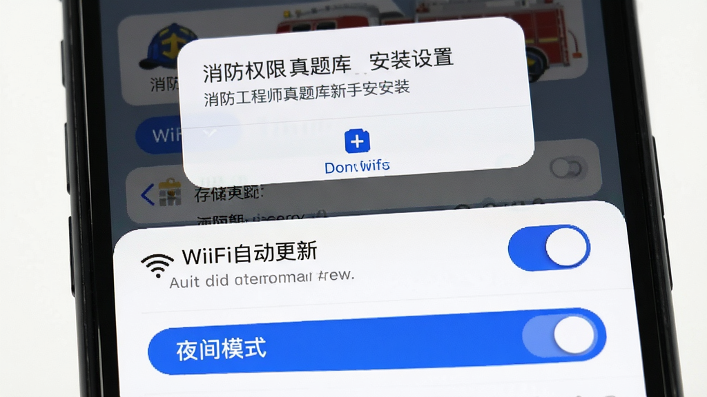 消防工程师真题库新手安装设置界面,主体为手机屏幕特写,布局从上到下依次为存储权限弹窗、WiFi自动更新开关、夜间模式切换按钮,排版为纵向设置列表,风格为简洁系统设置界面,细节包含蓝色开关高亮与灰色说明文字,画质高清干净无多余元素