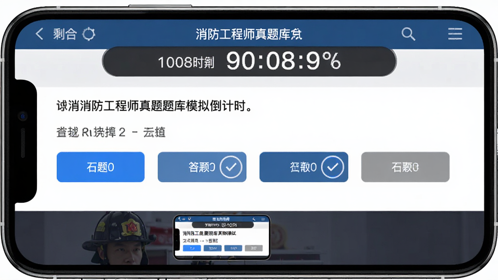 消防工程师真题库模拟考试倒计时界面,主体为手机横屏显示,布局顶部为考试剩余时间倒计时条,中部为单选题题干与四个选项按钮,底部为答题卡缩略图,排版紧凑符合考试场景,风格为严肃考试系统界面,细节包含蓝色选中状态与灰色未答标记,画质高清干净无多余元素