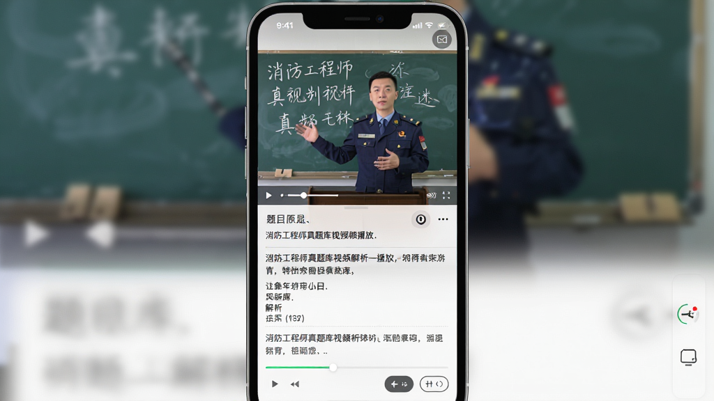 消防工程师真题库视频解析播放界面,主体为手机竖屏,布局上半部分为讲师板书视频画面,下半部分为题目原文与解析文字,排版上下分屏,风格为在线教育视频播放器界面,细节包含进度条与倍速按钮,画质高清干净无多余元素
